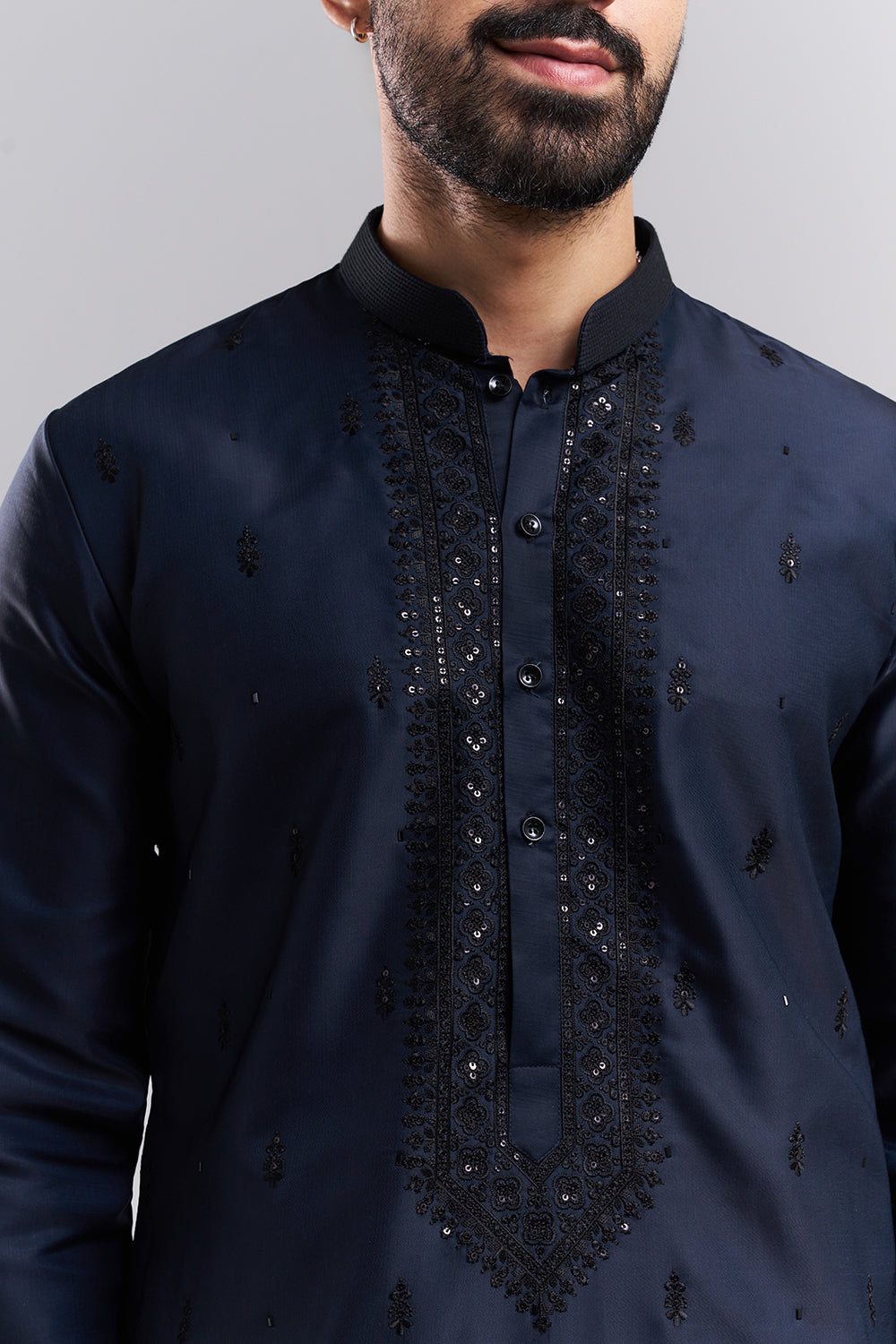 Navy Blue Nokia Silk Men's Kurta Set with Sequin-Detailed Jacket