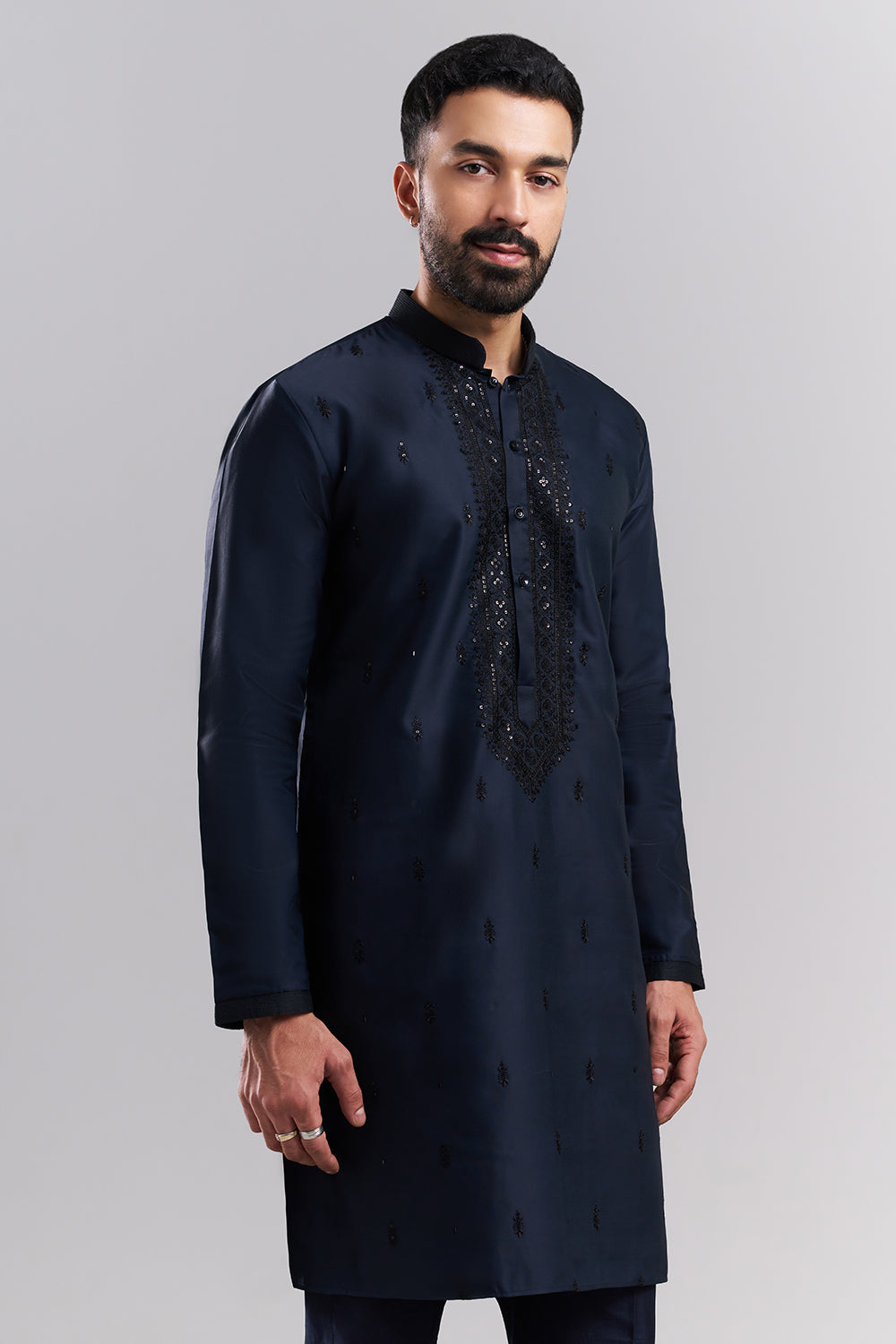 Navy Blue Nokia Silk Men's Kurta Set with Sequin-Detailed Jacket