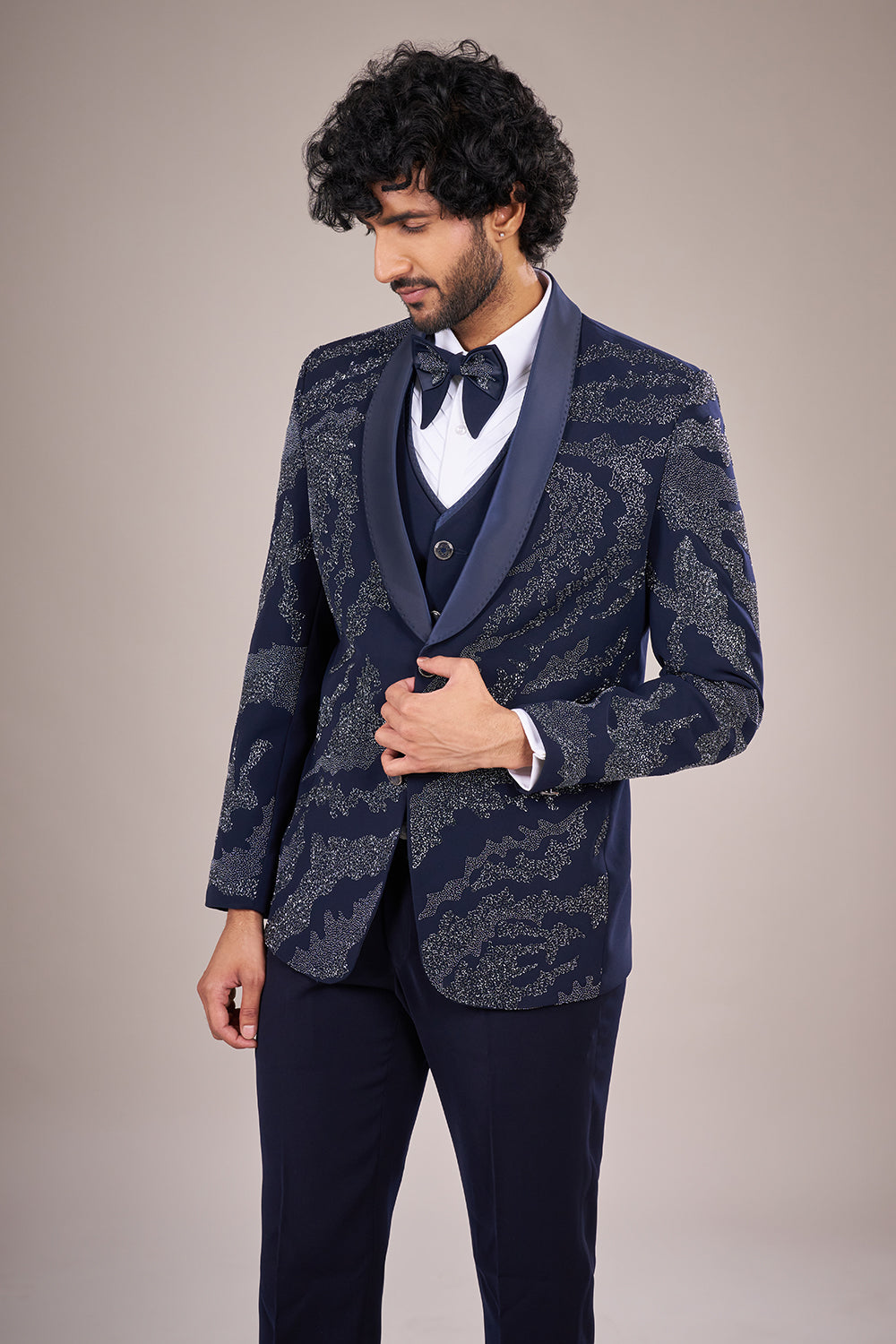 Navy Blue Rayon Embellished Tuxedo Set