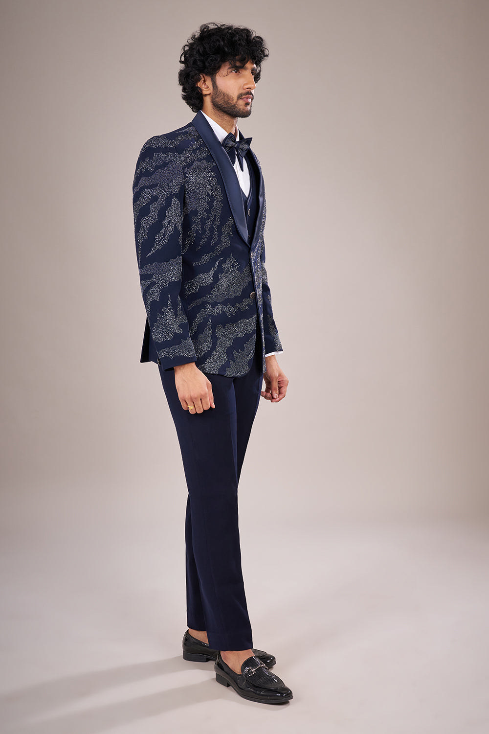 Navy Blue Rayon Embellished Tuxedo Set