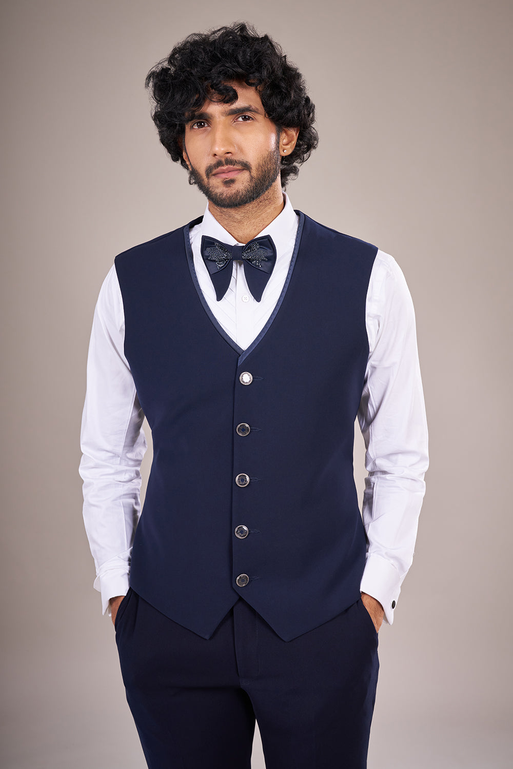 Navy Blue Rayon Embellished Tuxedo Set