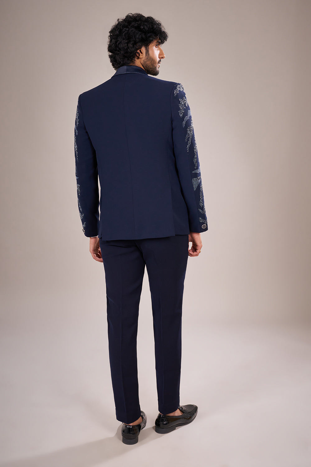 Navy Blue Rayon Embellished Tuxedo Set