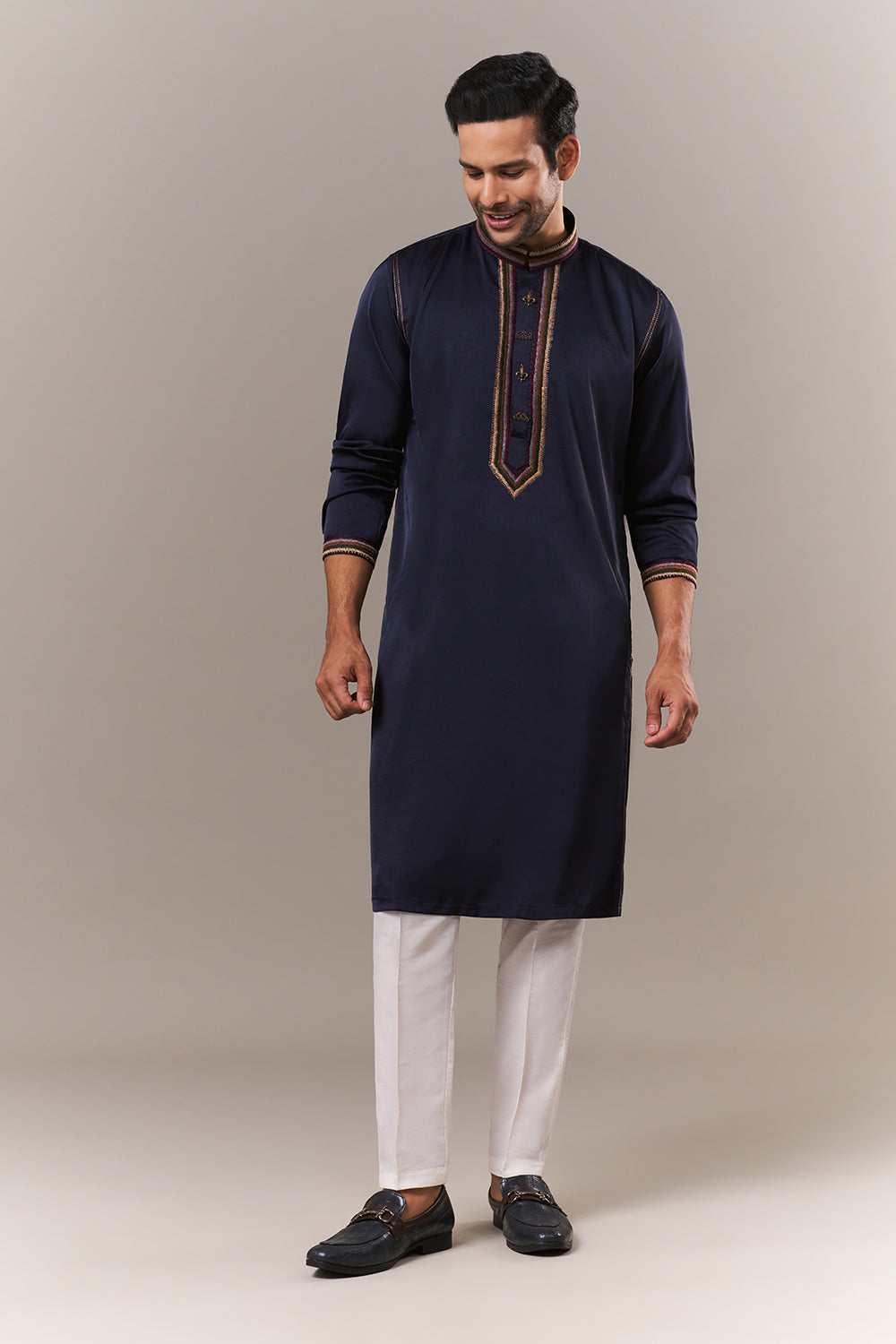 Navy Blue Satin Mens Kurta Set with Thread Work