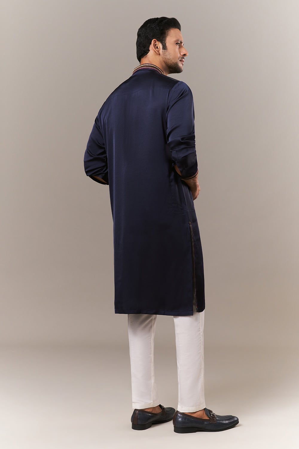 Navy Blue Satin Mens Kurta Set with Thread Work