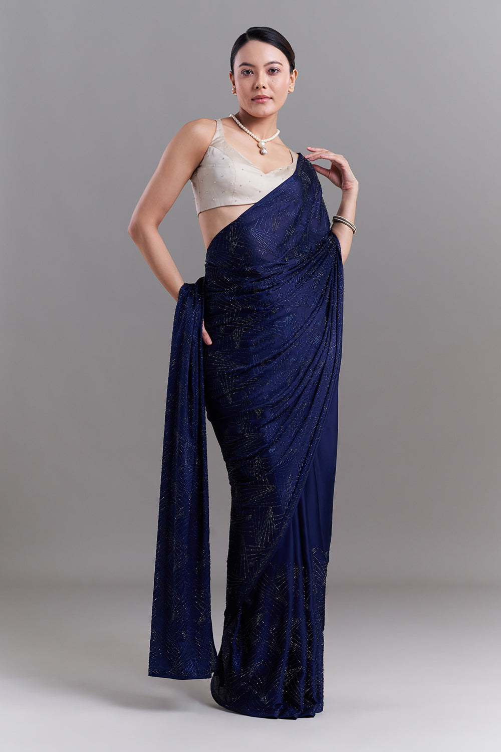Navy Blue Satin Saree with Geometric Detailing