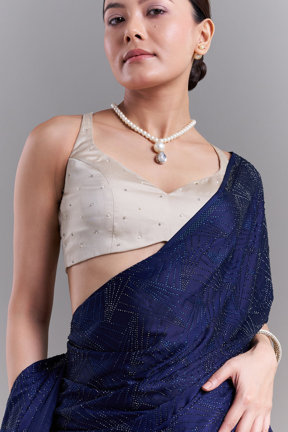 Navy Blue Satin Saree with Geometric Detailing