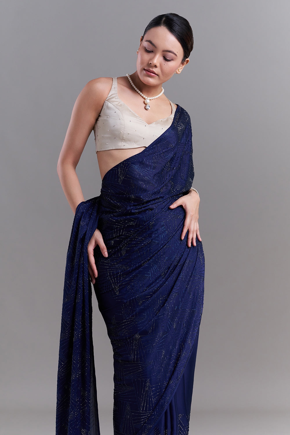 Navy Blue Satin Saree with Geometric Detailing