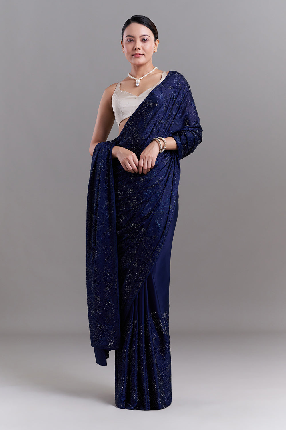 Navy Blue Satin Saree with Geometric Detailing