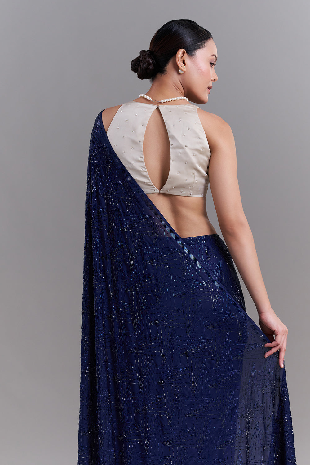 Navy Blue Satin Saree with Geometric Detailing