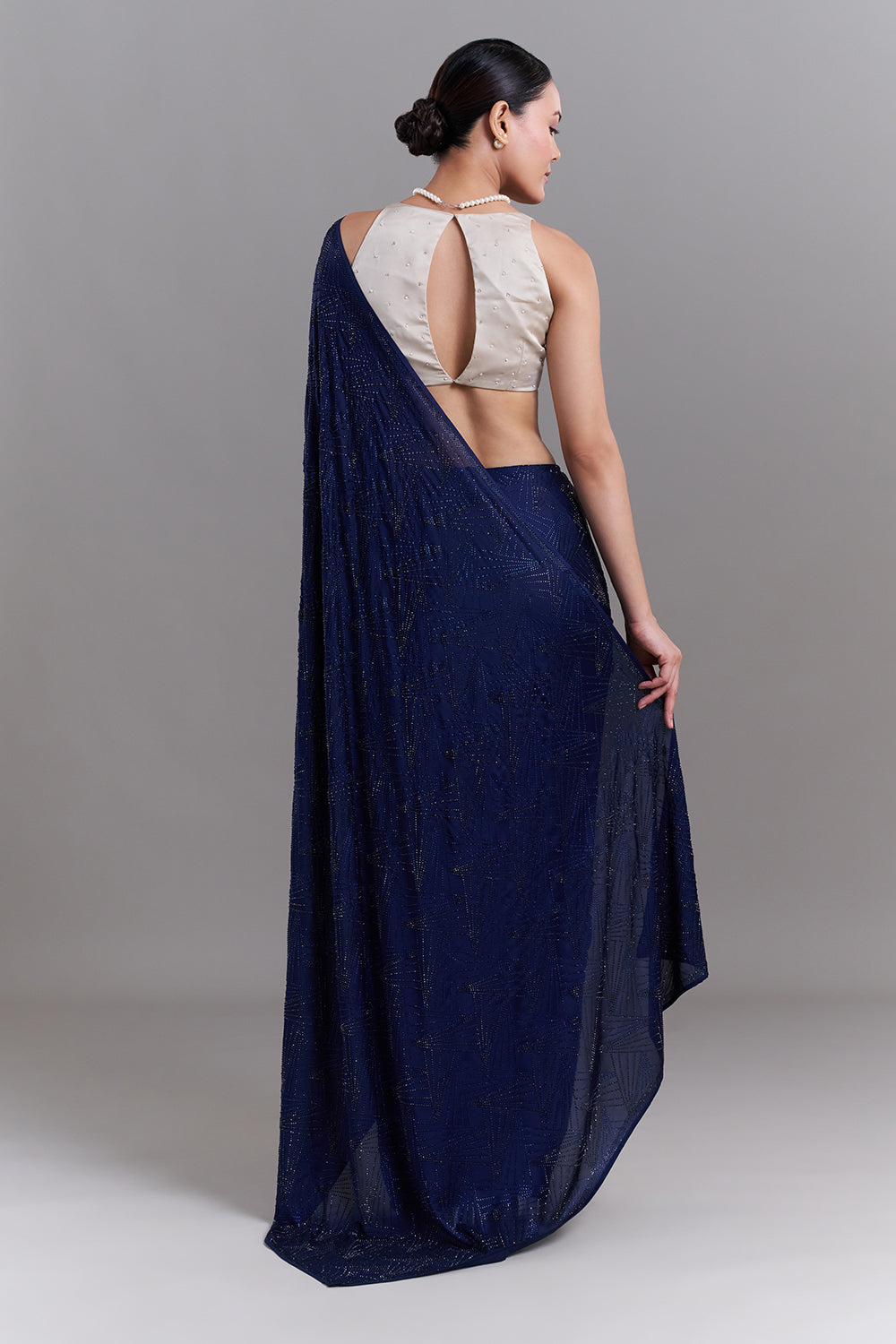 Navy Blue Satin Saree with Geometric Detailing