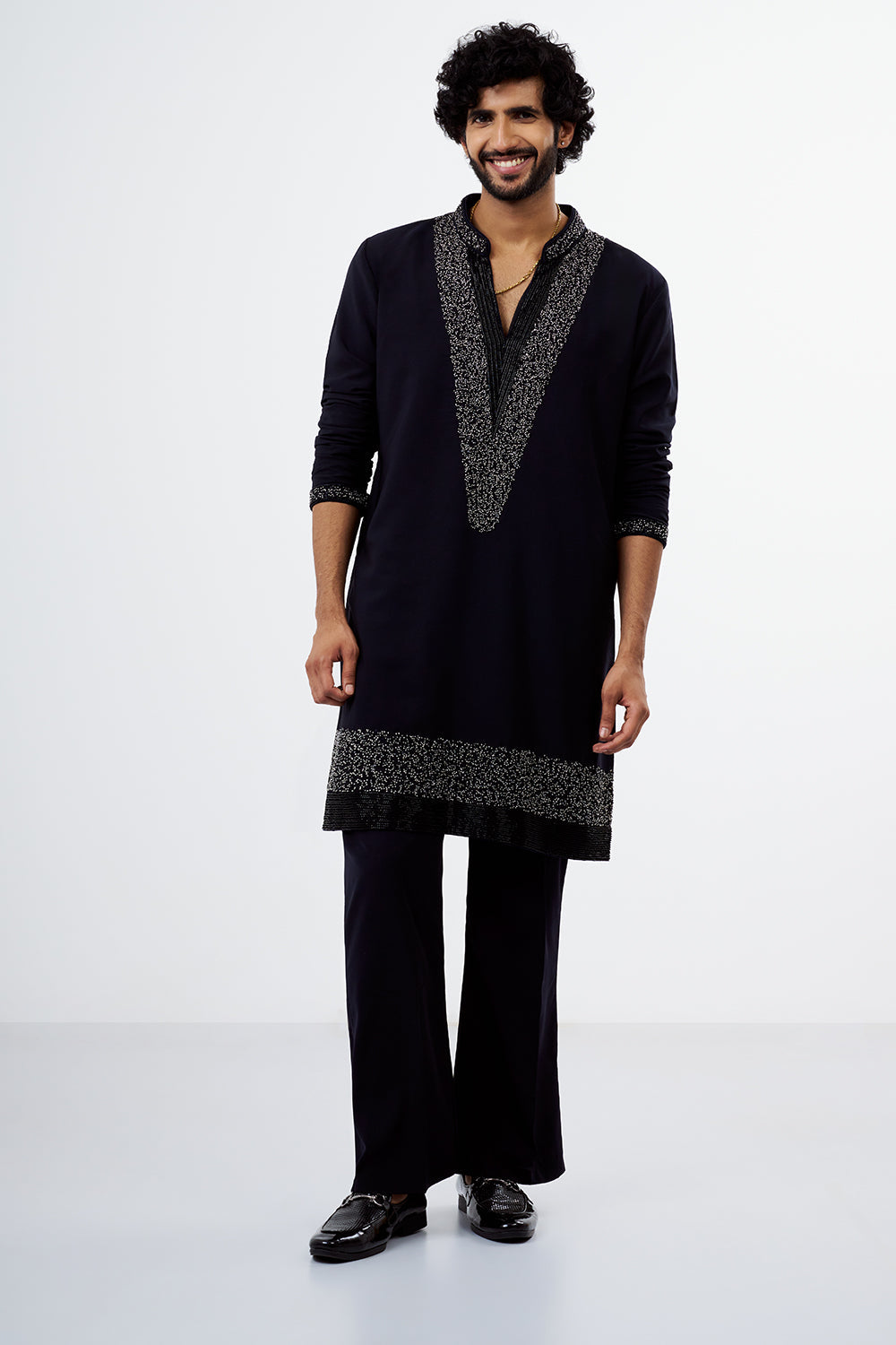 Navy Blue Sequins & Cut Dana Polyester Cotton Men's Kurta Set