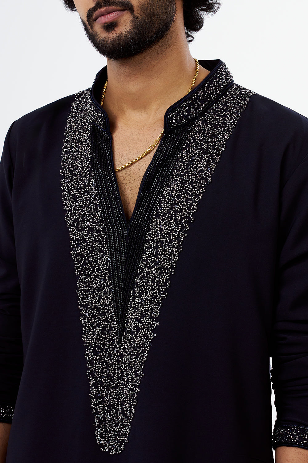 Navy Blue Sequins & Cut Dana Polyester Cotton Men's Kurta Set