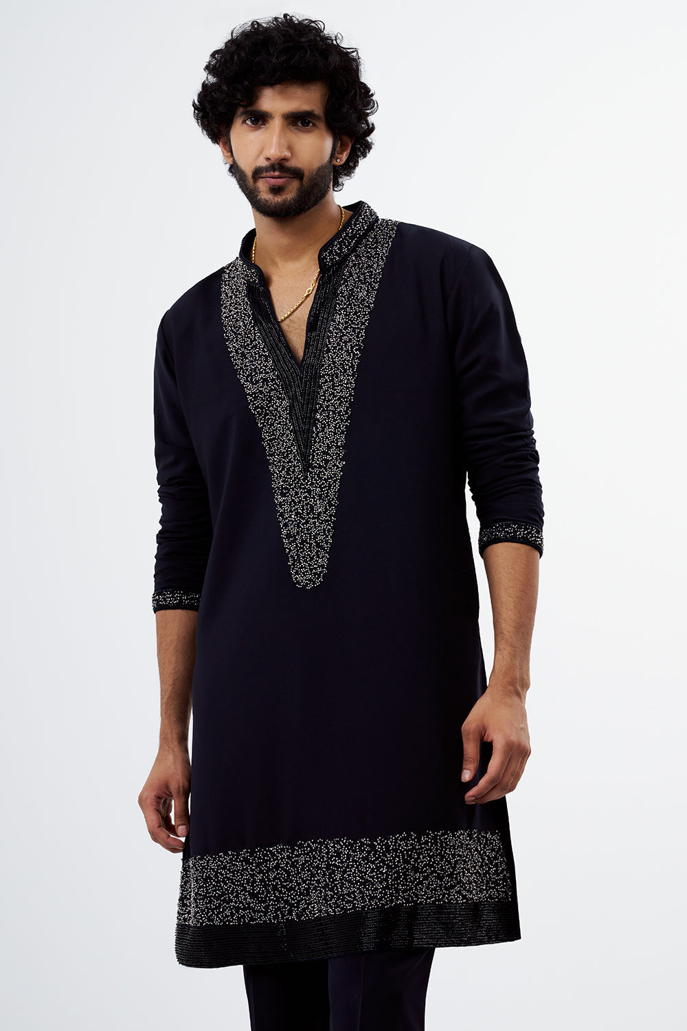 Navy Blue Sequins & Cut Dana Polyester Cotton Men's Kurta Set