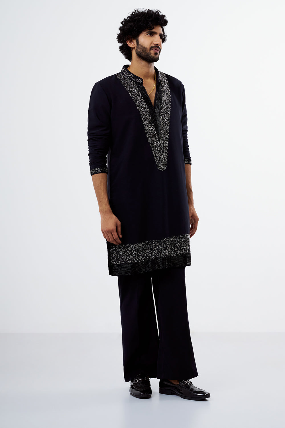 Navy Blue Sequins & Cut Dana Polyester Cotton Men's Kurta Set
