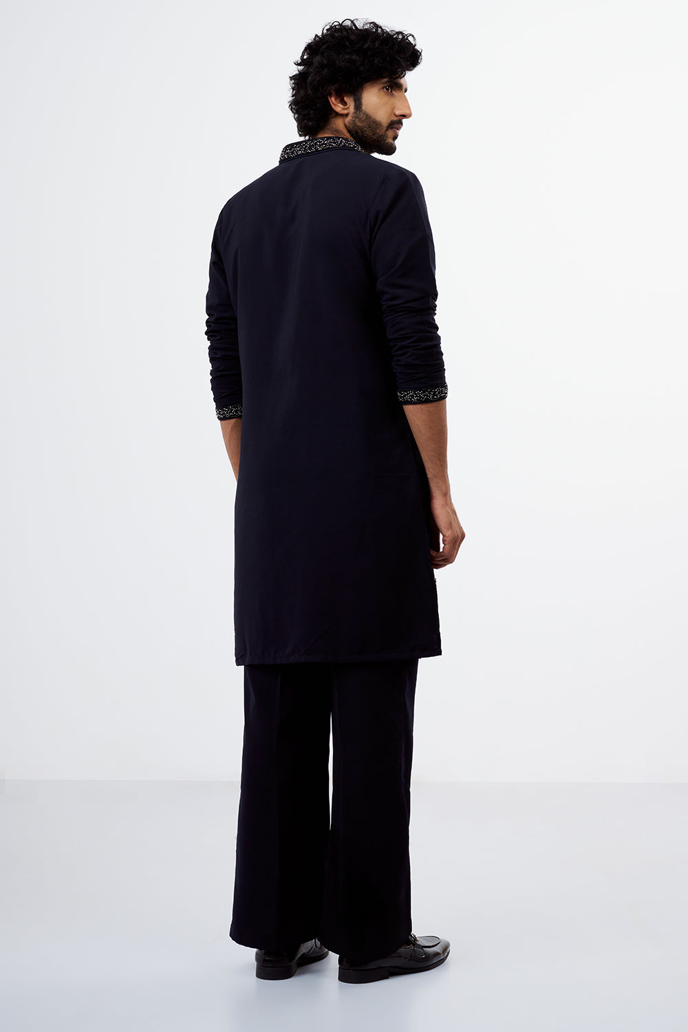 Navy Blue Sequins & Cut Dana Polyester Cotton Men's Kurta Set