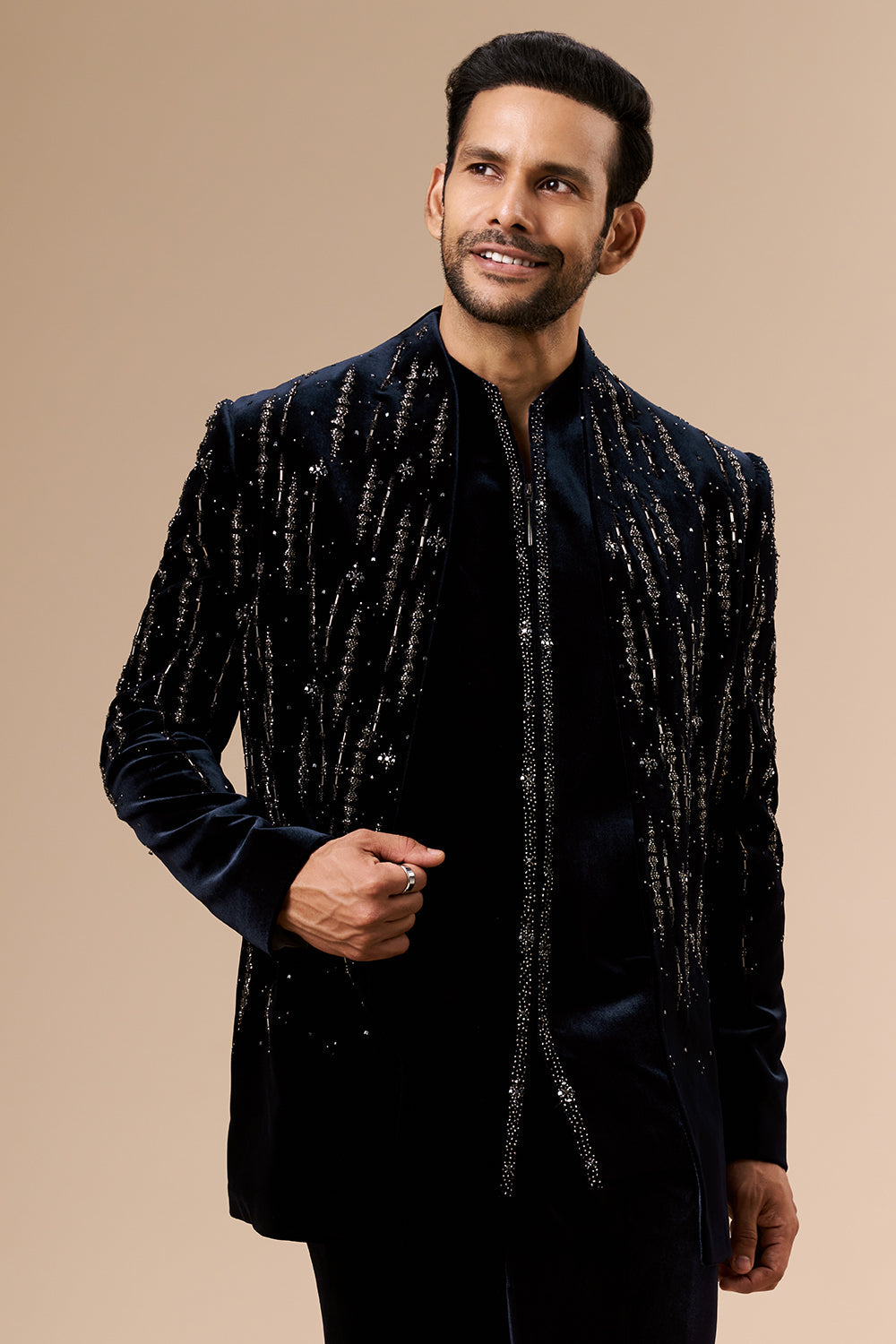 Navy Blue Velvet Mens Indo Western with Geometric Cut Dana and Bead Work