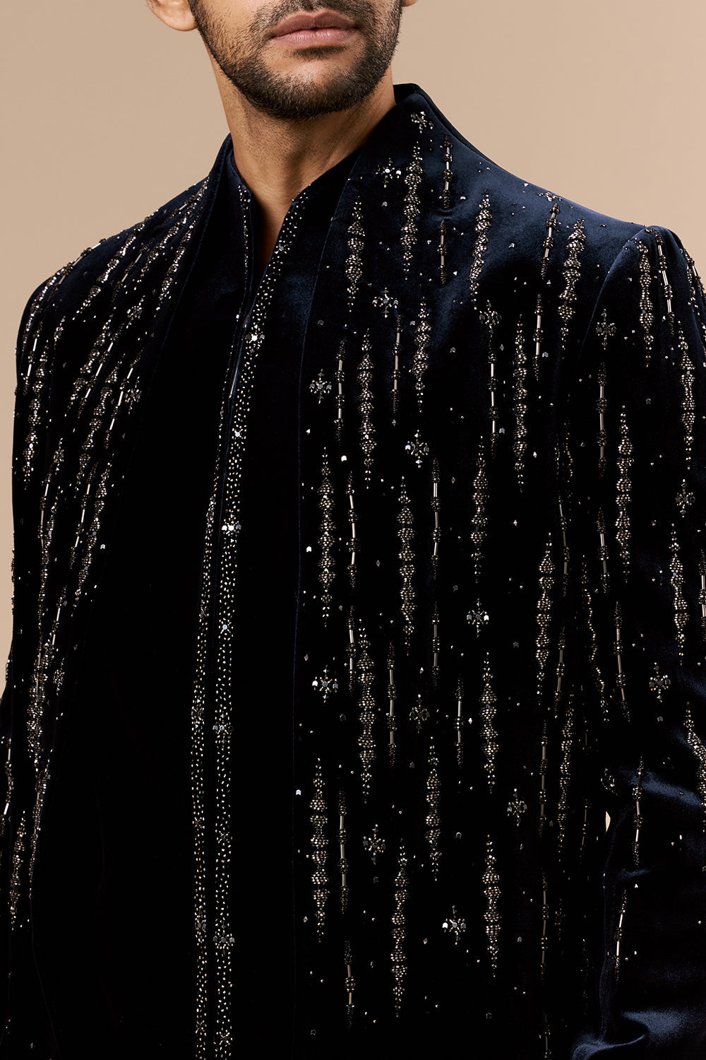 Navy Blue Velvet Mens Indo Western with Geometric Cut Dana and Bead Work