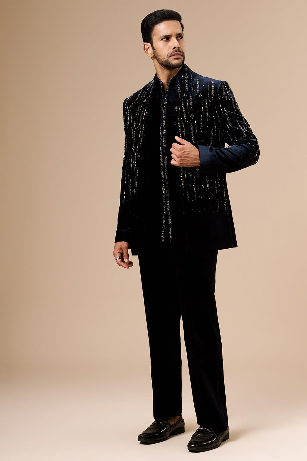 Navy Blue Velvet Mens Indo Western with Geometric Cut Dana and Bead Work