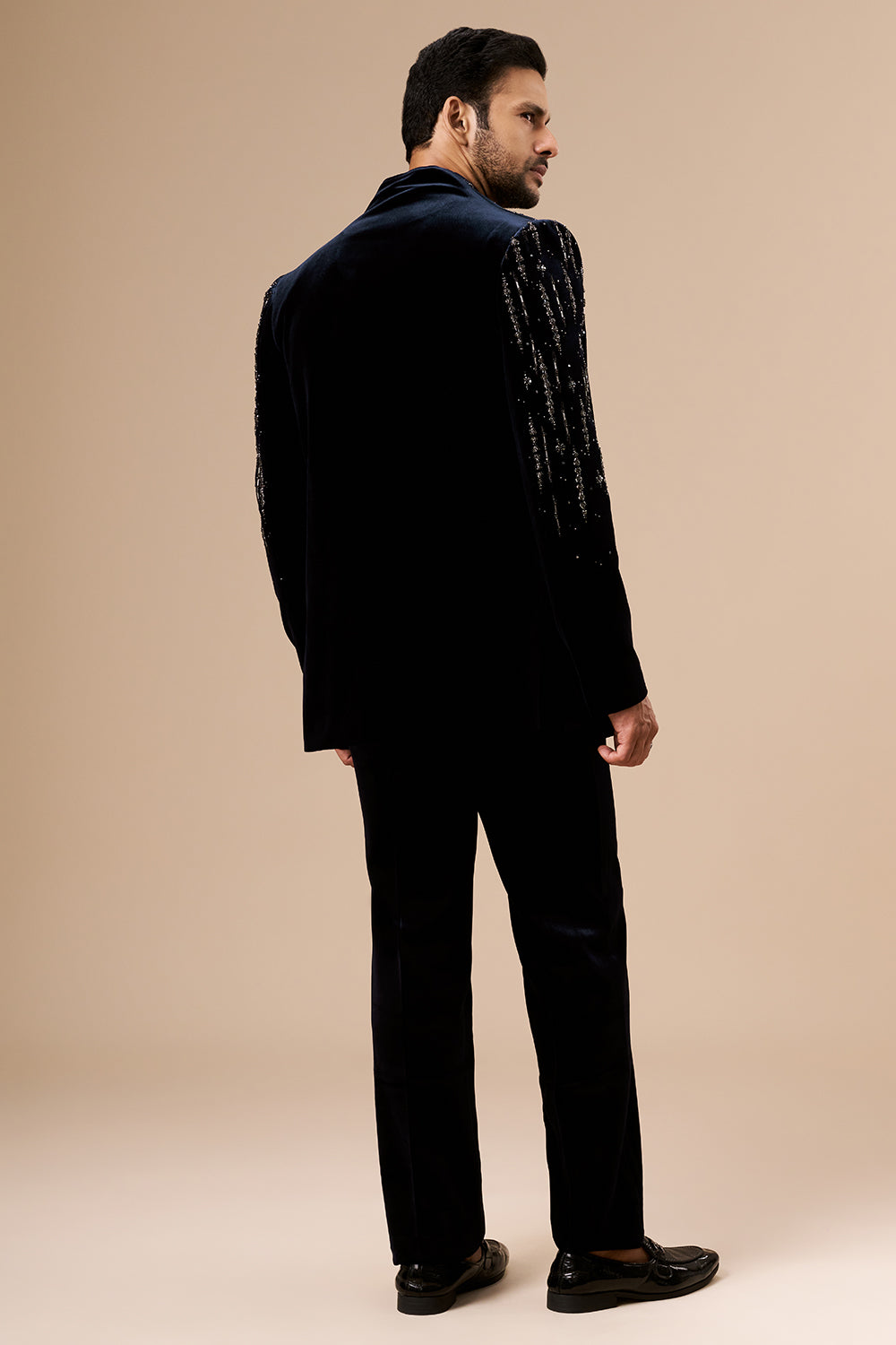 Navy Blue Velvet Mens Indo Western with Geometric Cut Dana and Bead Work