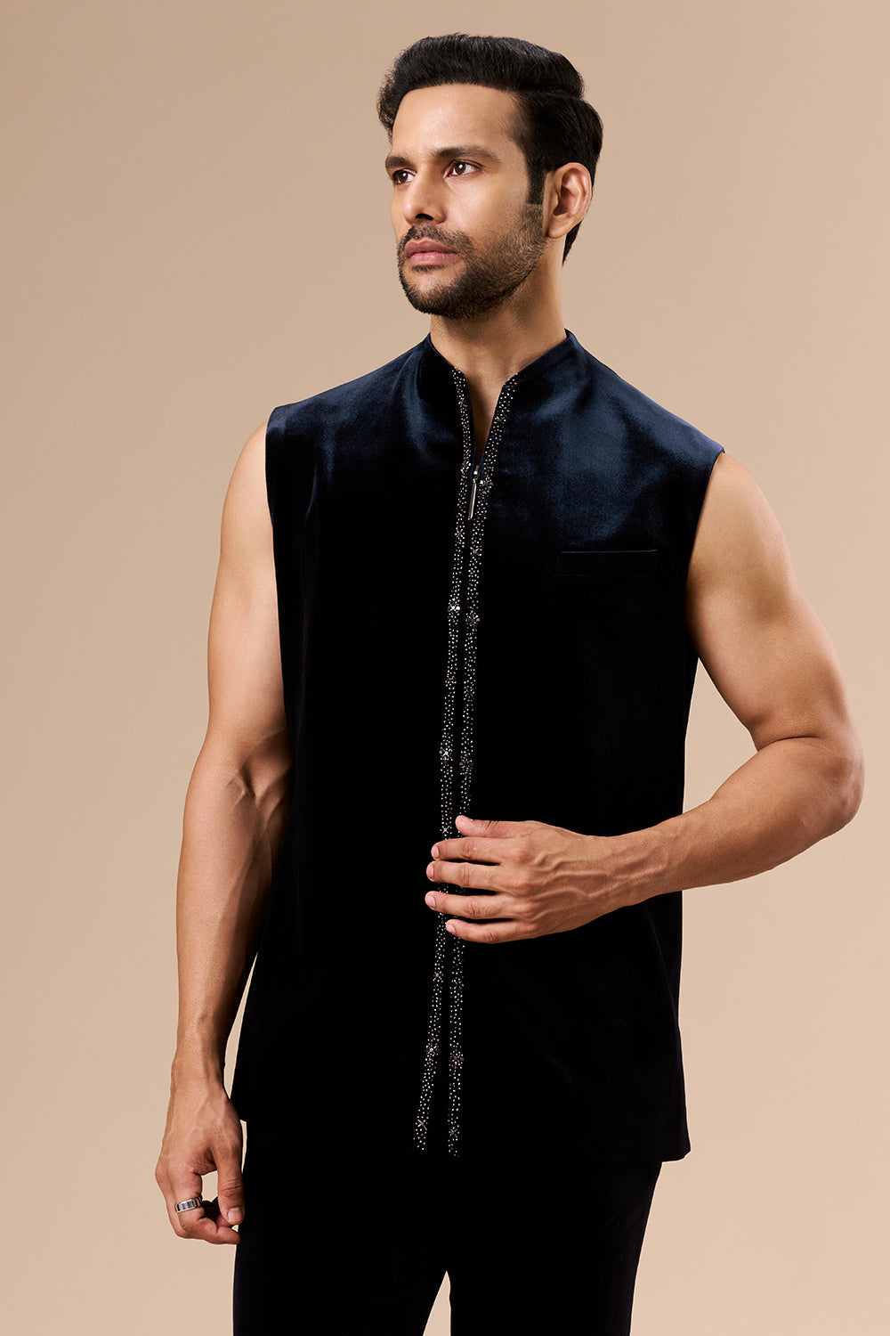 Navy Blue Velvet Mens Indo Western with Geometric Cut Dana and Bead Work