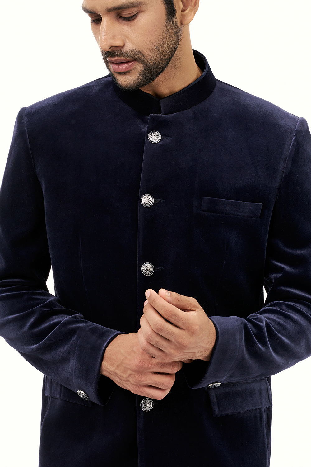 Navy Blue Velvet Mens Jodhpuri Set