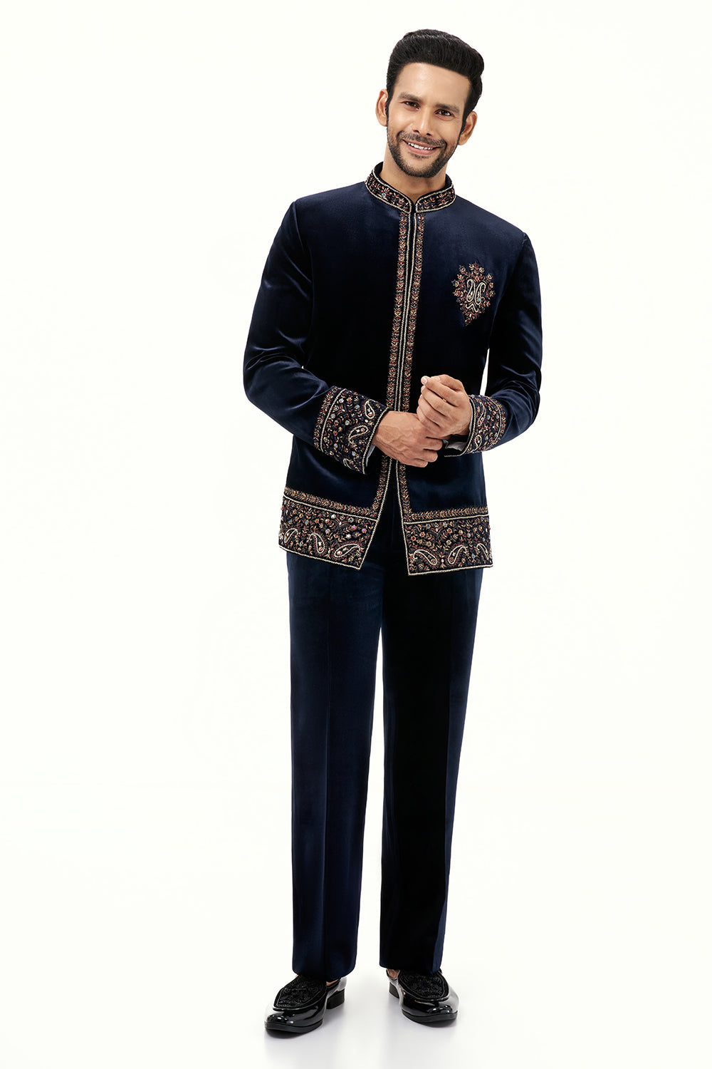 Navy Blue Velvet Mens Jodhpuri Set with Resham and Zari Work