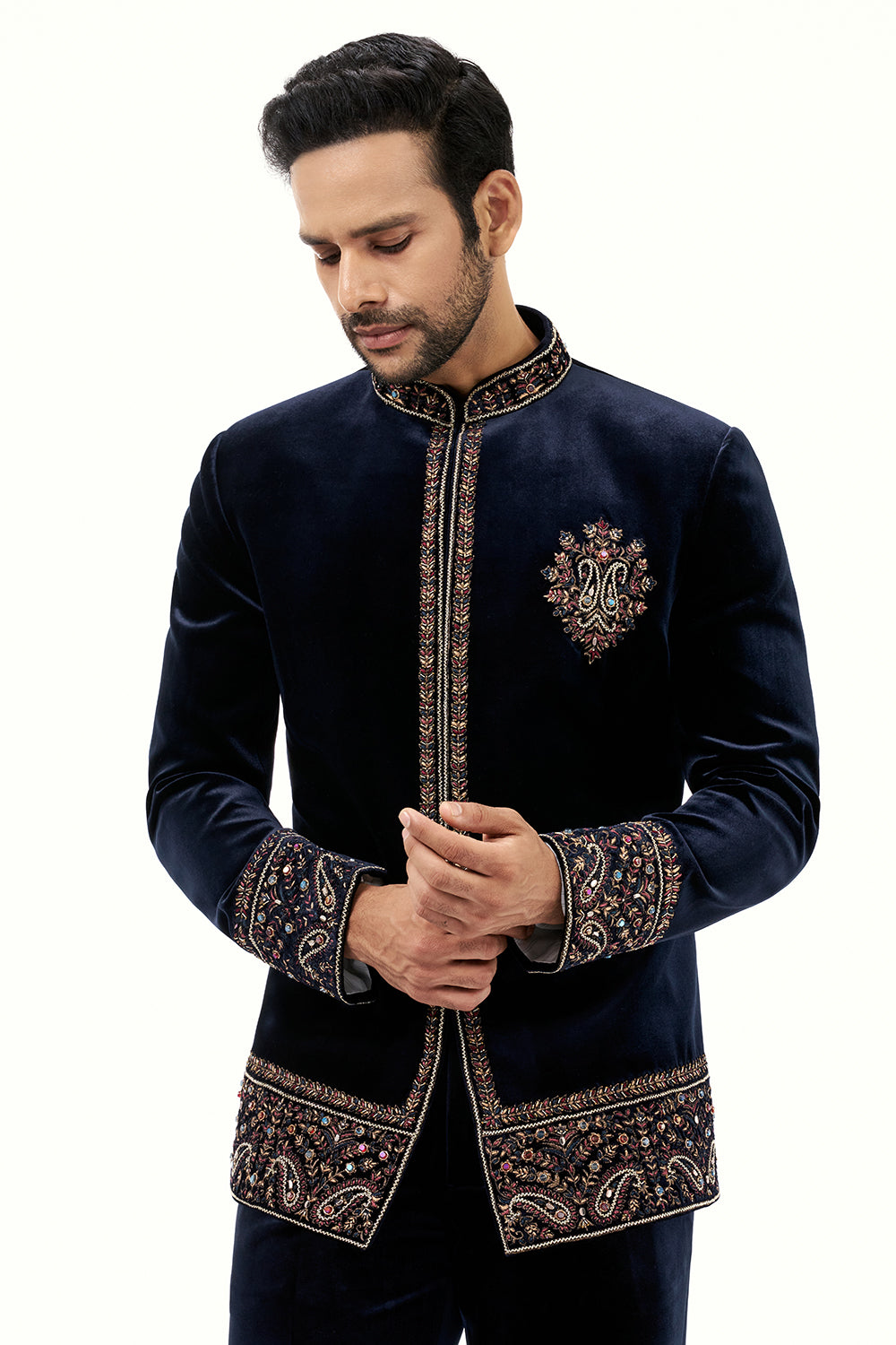 Navy Blue Velvet Mens Jodhpuri Set with Resham and Zari Work