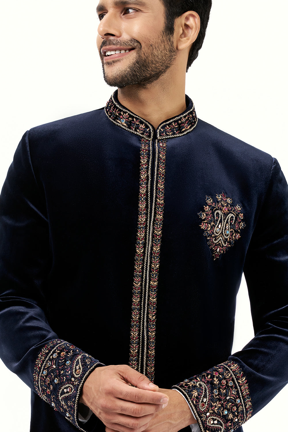 Navy Blue Velvet Mens Jodhpuri Set with Resham and Zari Work