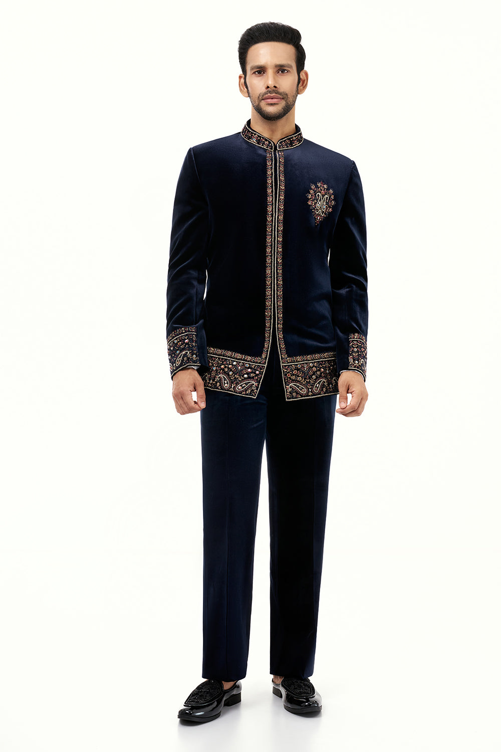 Navy Blue Velvet Mens Jodhpuri Set with Resham and Zari Work