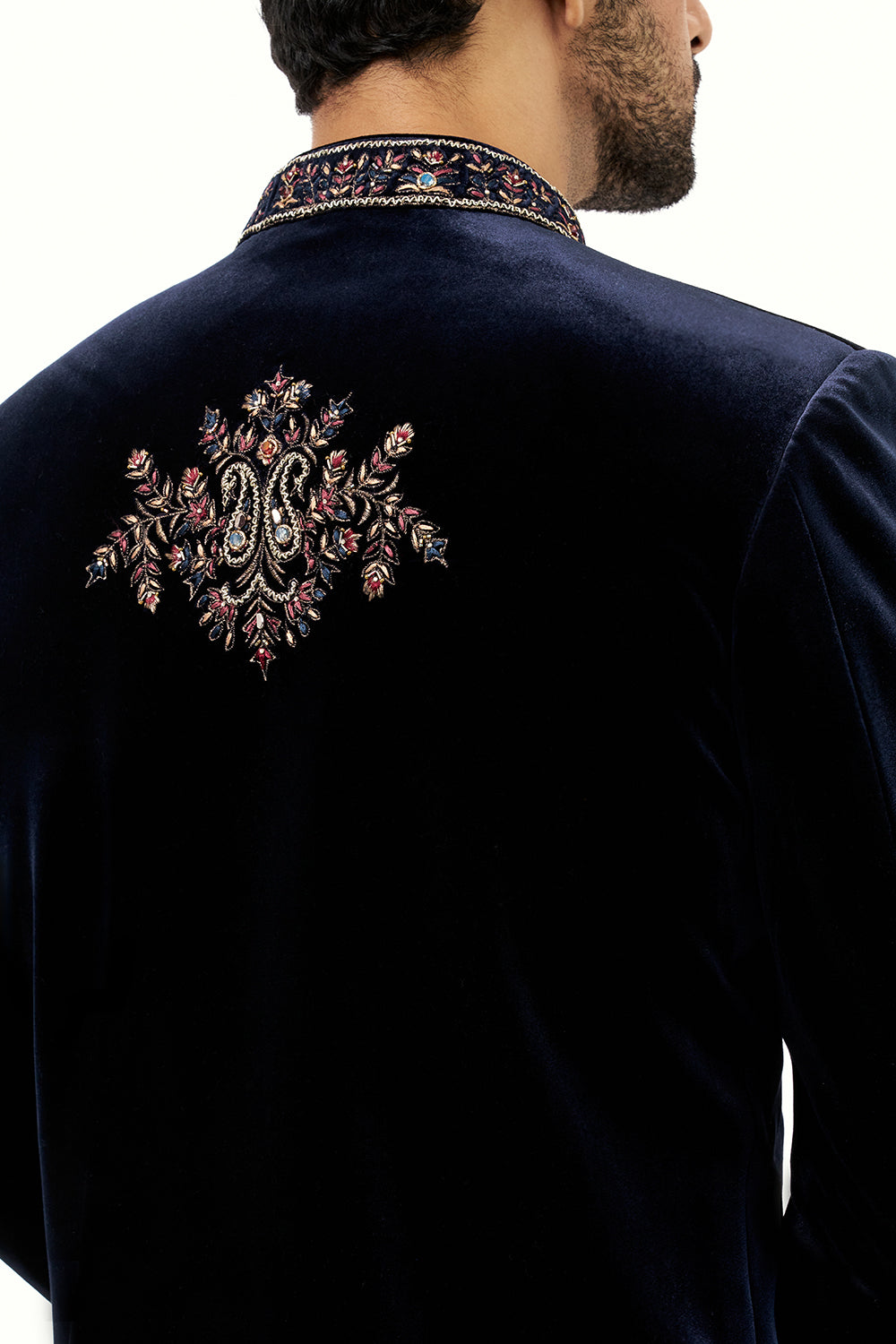 Navy Blue Velvet Mens Jodhpuri Set with Resham and Zari Work