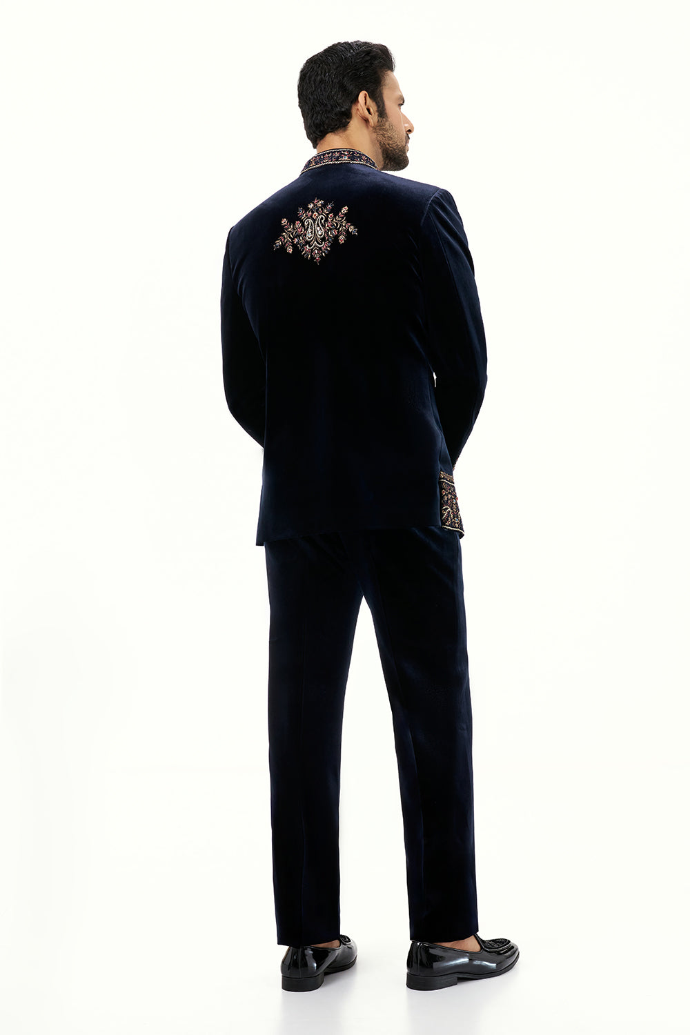 Navy Blue Velvet Mens Jodhpuri Set with Resham and Zari Work