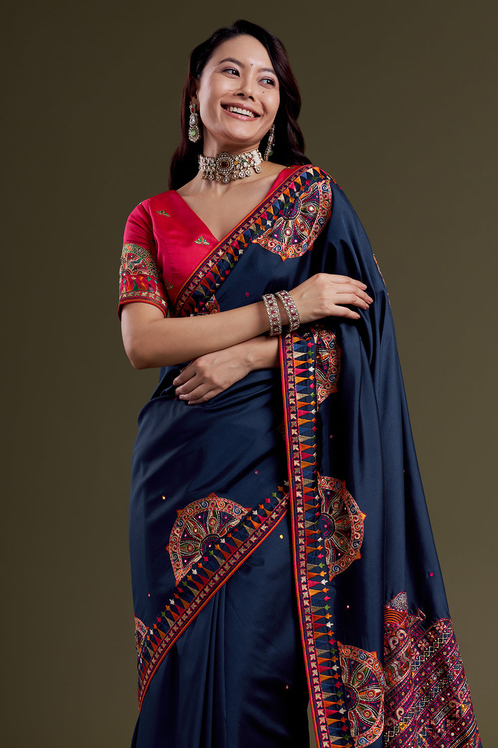 Navy Folk-Embroidered Silk Saree