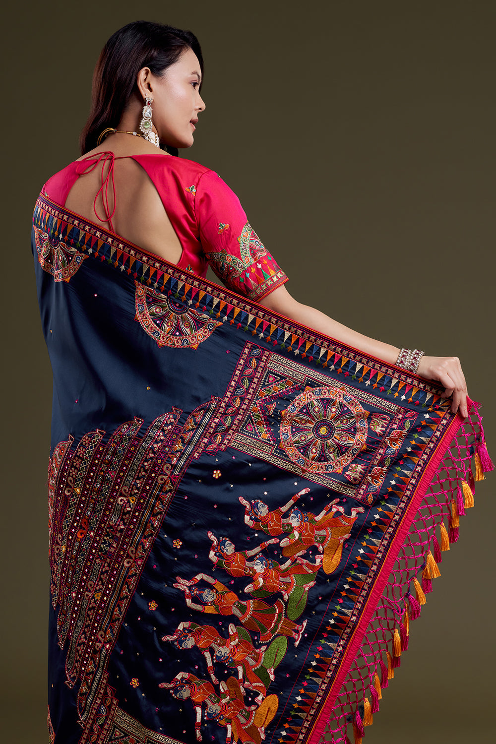 Navy Folk-Embroidered Silk Saree