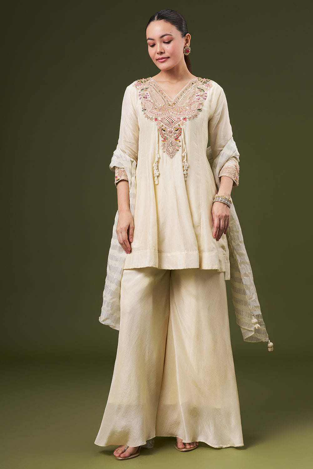 Off White Cotton Silk Palazzo Suit with Gotta and Thread Work