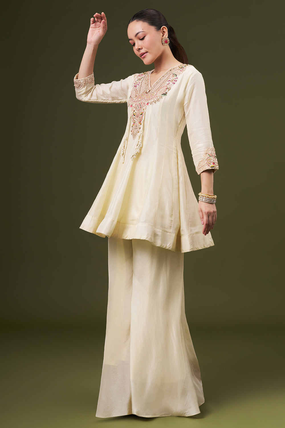 Off White Cotton Silk Palazzo Suit with Gotta and Thread Work