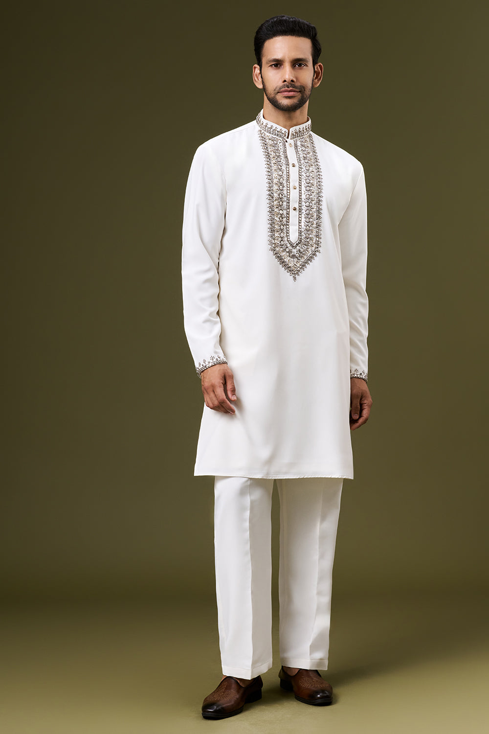 Off White Georgette Mens Kurta Set with Sequin and Bead Work