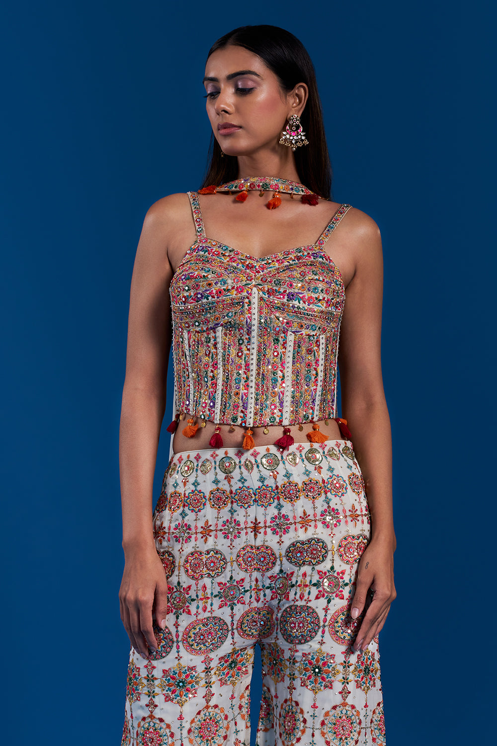 Off-White Georgette Indo-Western Set with Zari Embroidery