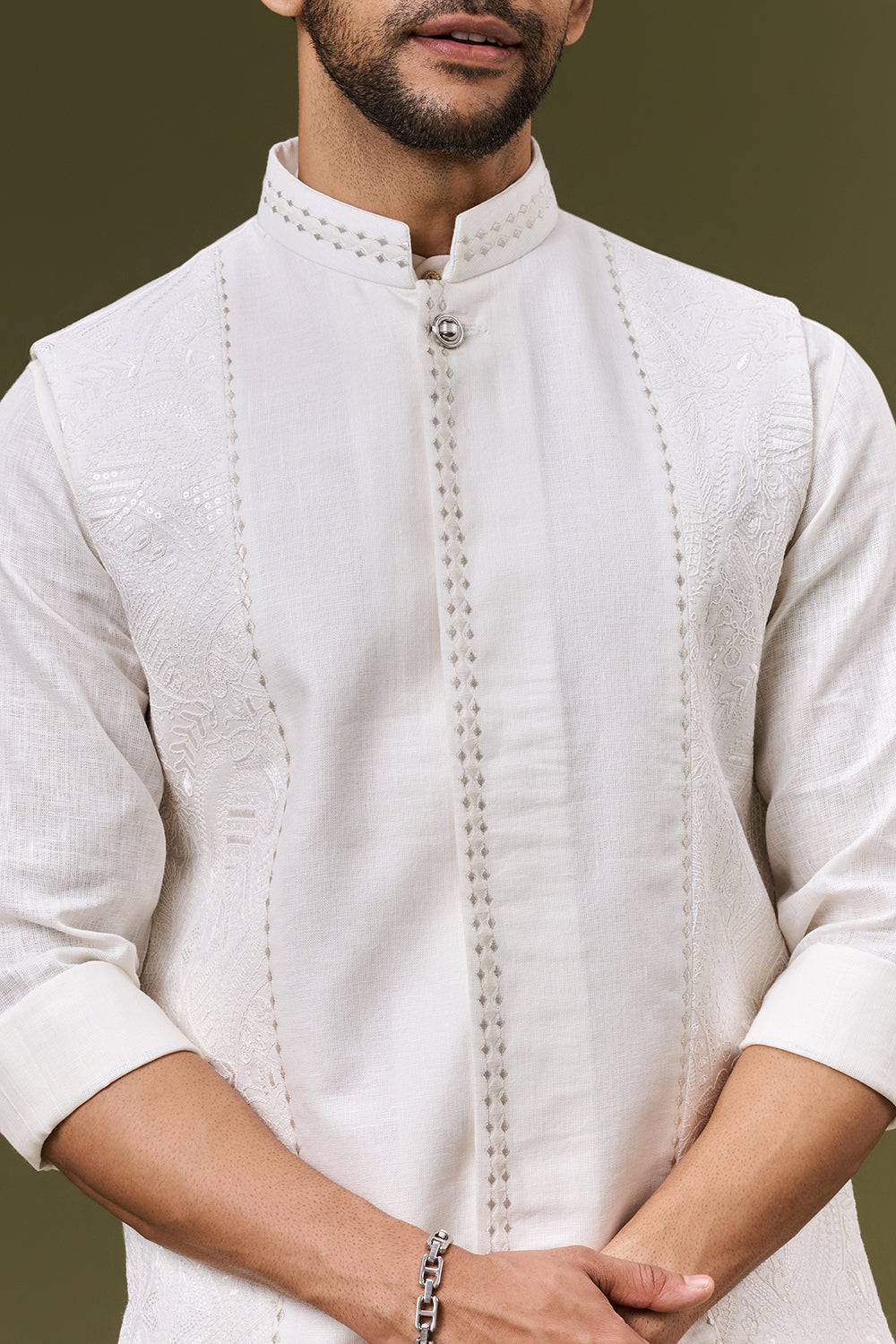 Off White Linen Bundi Set with Sequin and Resham Work