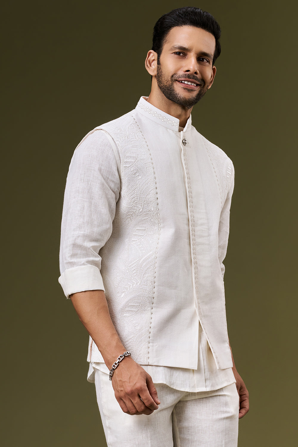 Off White Linen Bundi Set with Sequin and Resham Work