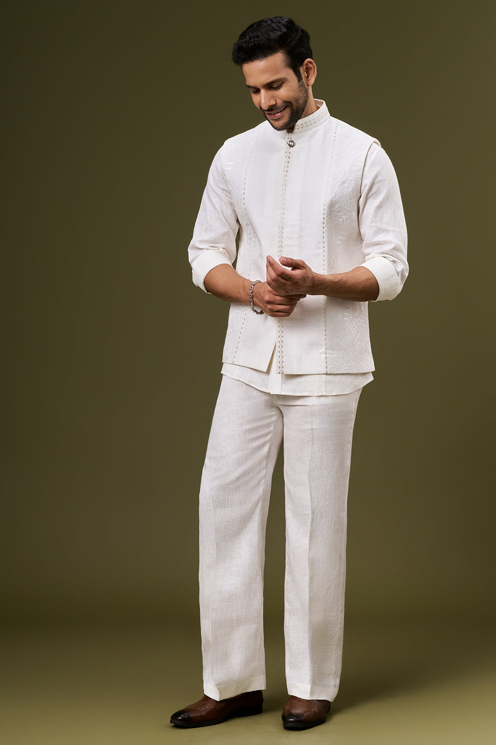 Off White Linen Bundi Set with Sequin and Resham Work