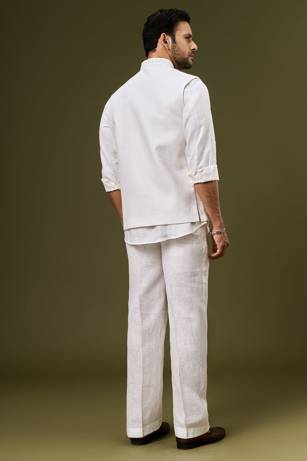 Off White Linen Bundi Set with Sequin and Resham Work