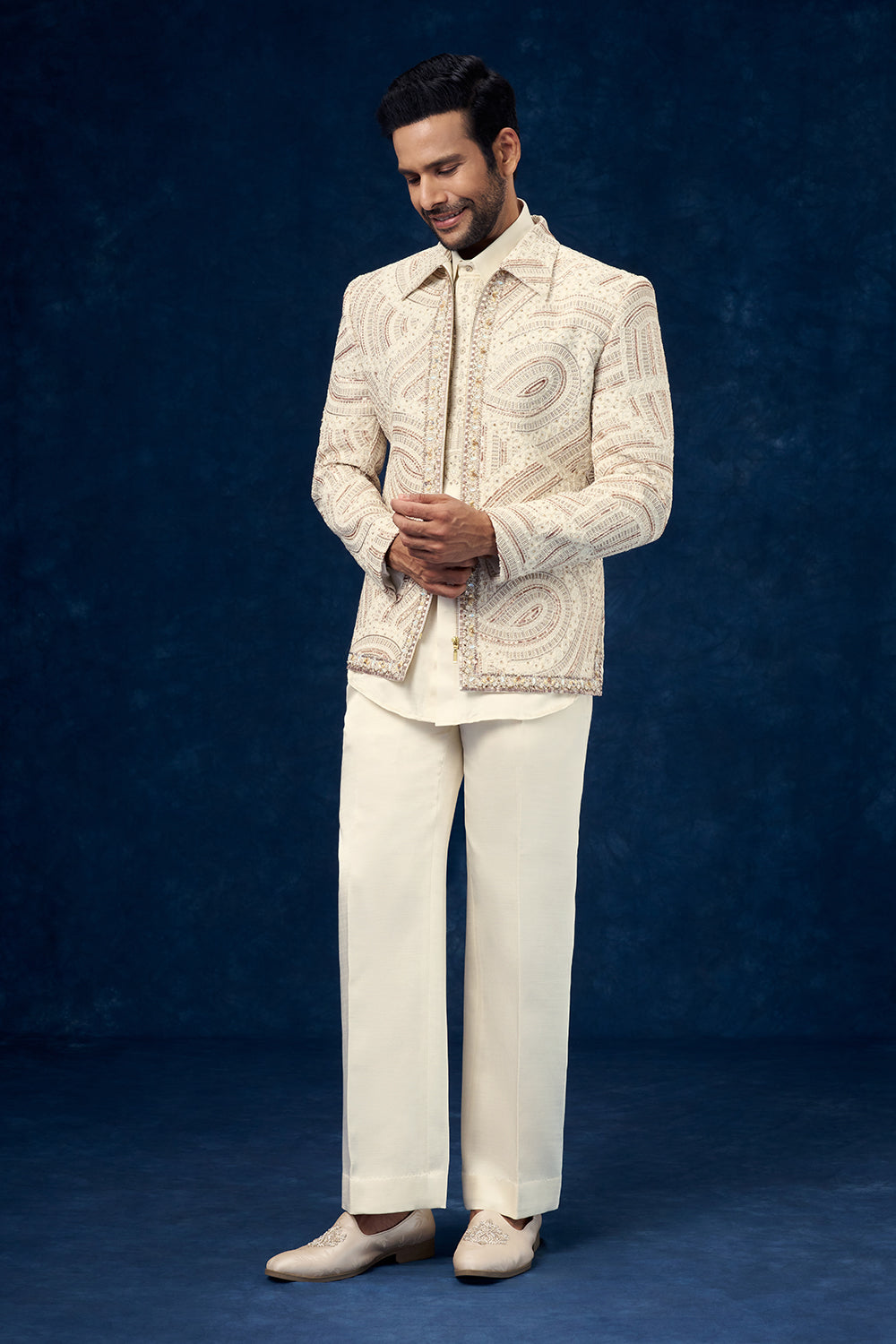 Off White Mens Indo Western Set with Bead Work