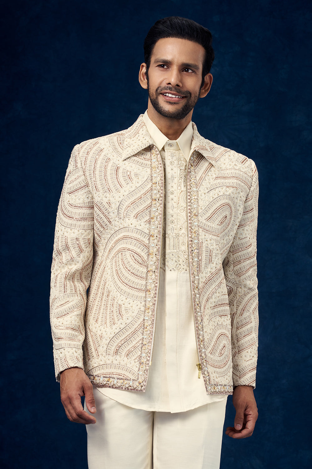 Off White Mens Indo Western Set with Bead Work