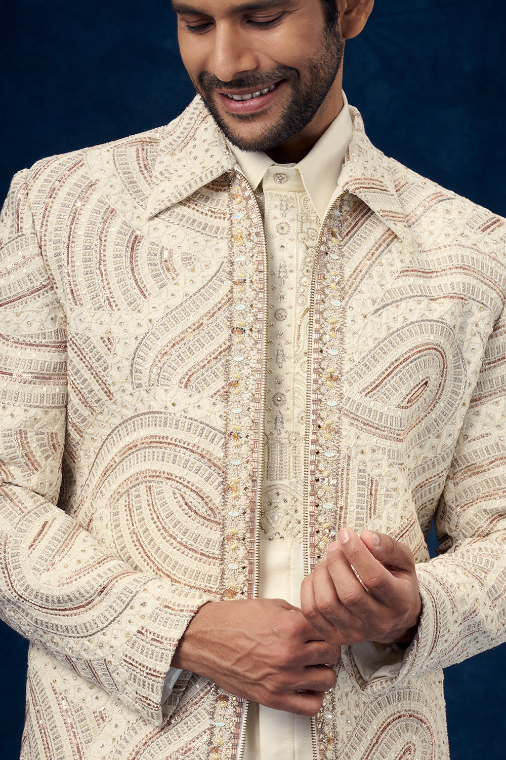 Off White Mens Indo Western Set with Bead Work