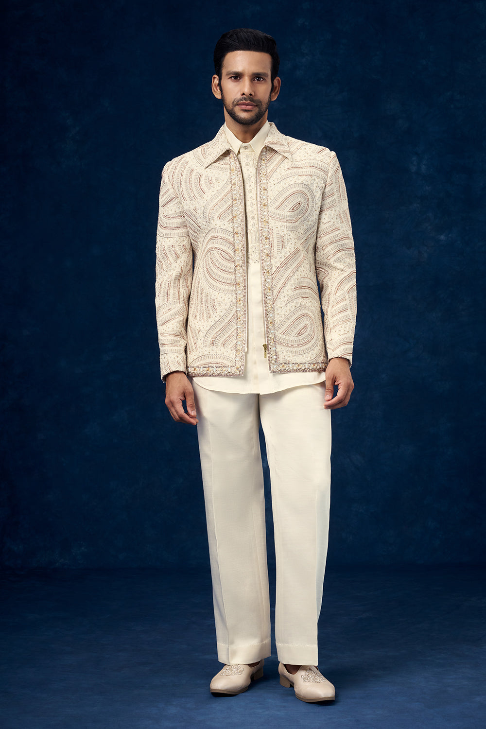 Off White Mens Indo Western Set with Bead Work
