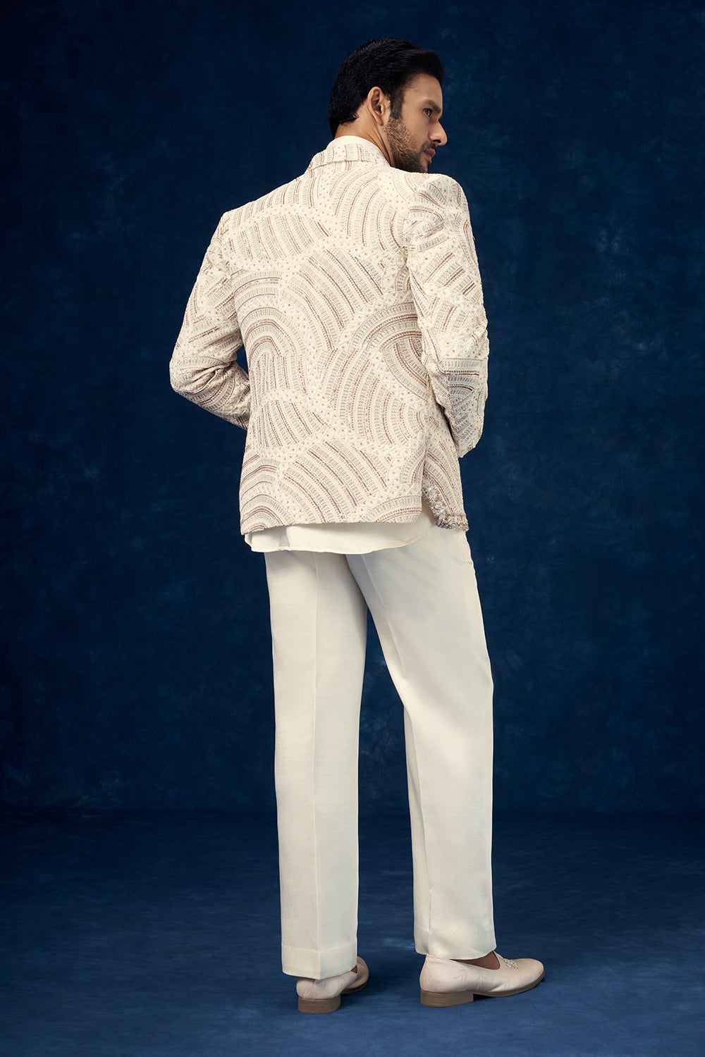 Off White Mens Indo Western Set with Bead Work