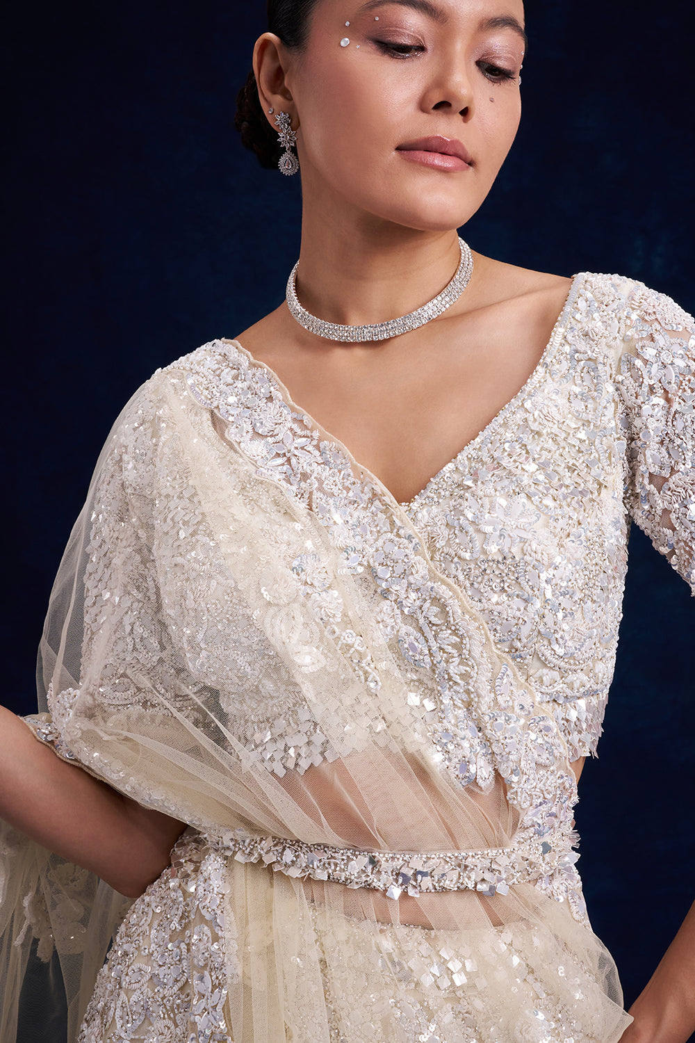 Off-White Net Bridal Lehenga with Cutdana Work