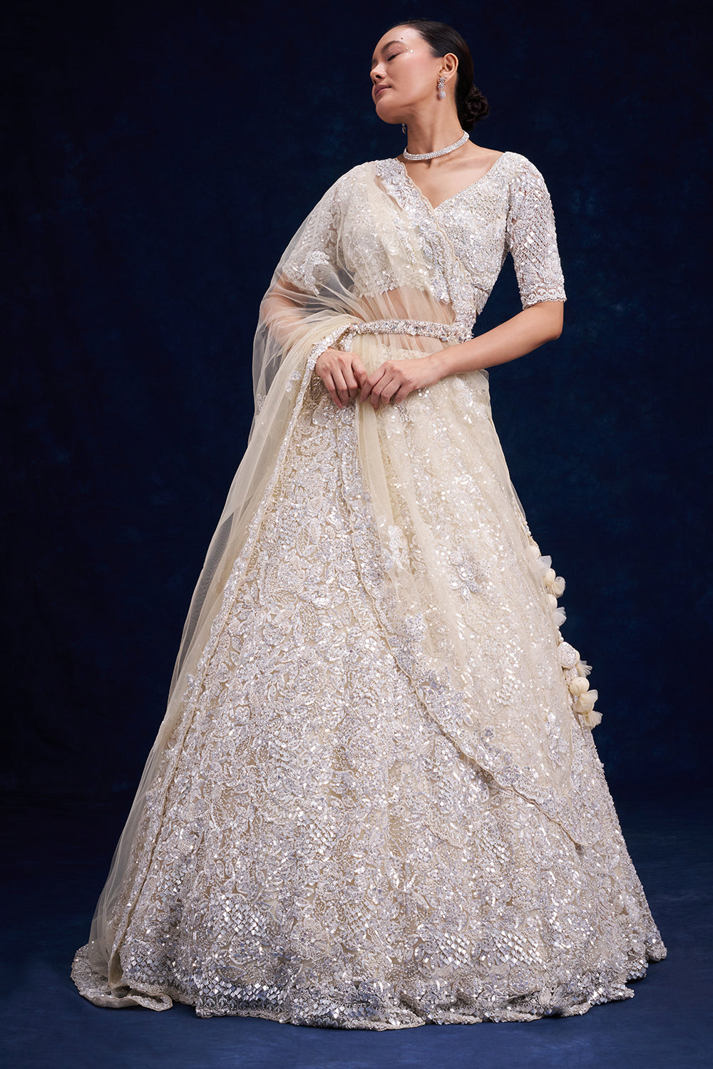 Off-White Net Bridal Lehenga with Cutdana Work