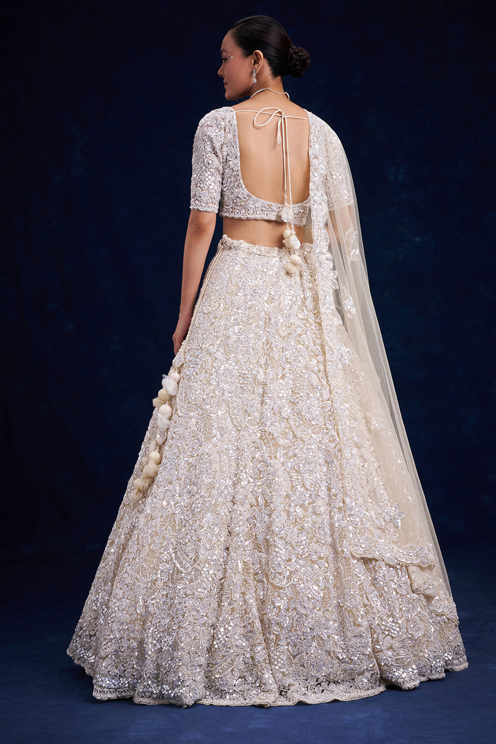 Off-White Net Bridal Lehenga with Cutdana Work