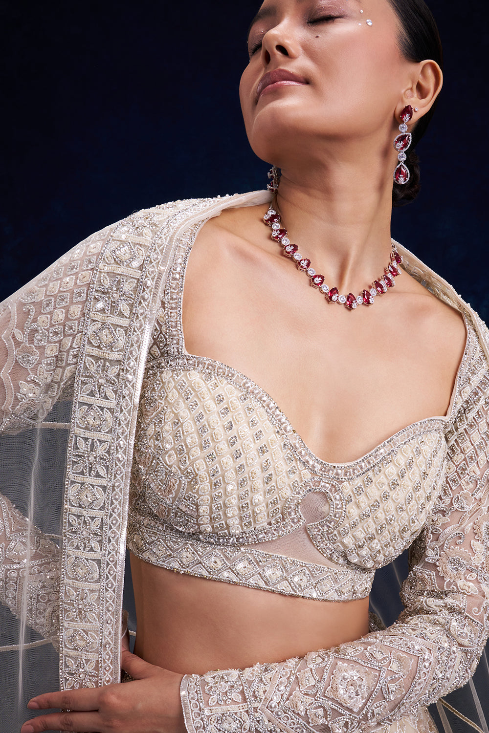 Off-White Net Bridal Lehenga with Pearl and Cutdana Work
